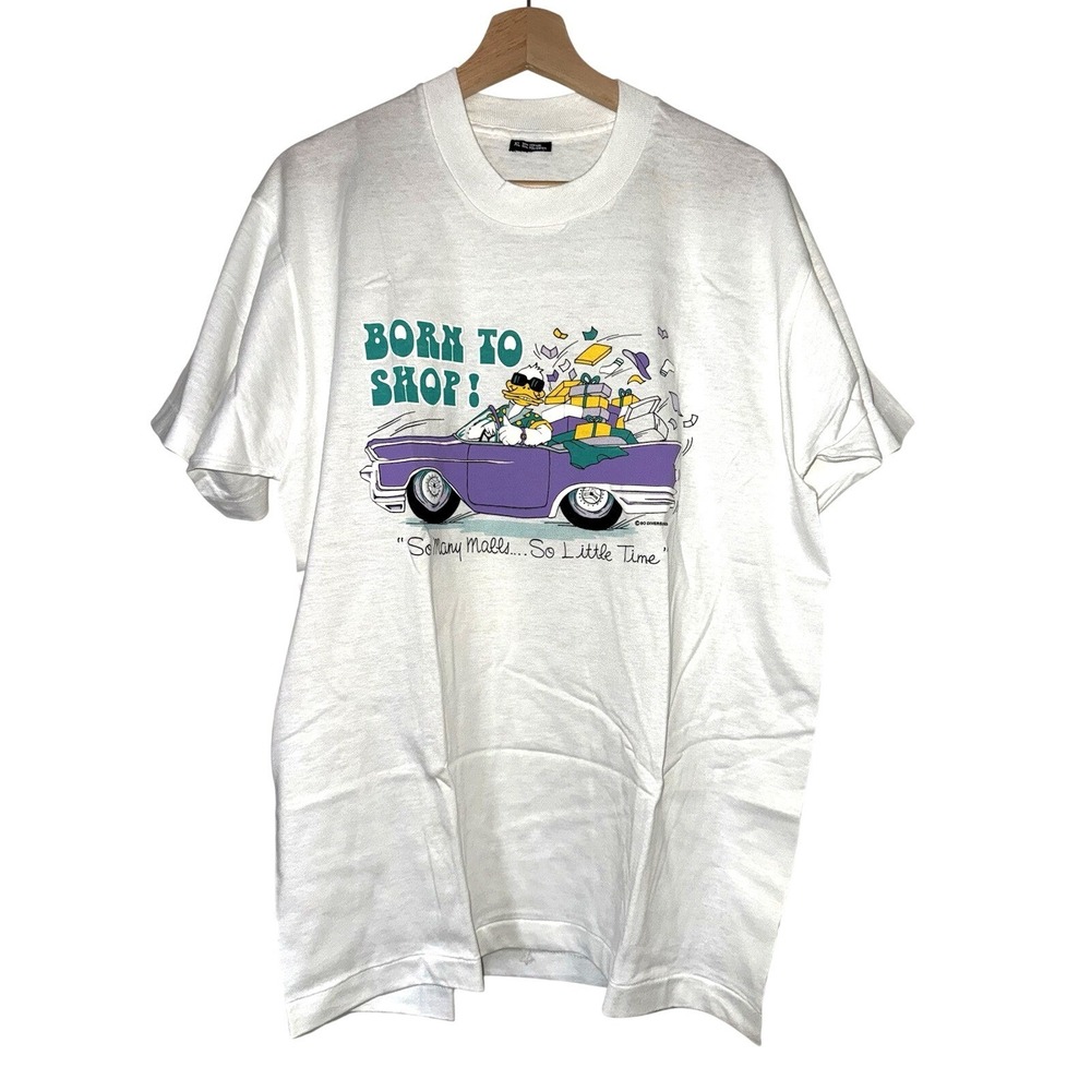Vintage 1990‎ Born To Shop Graphic T-Shirt White XL Duck Shopping Humor Tee
